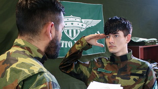 Twink soldier submits and lets commanding officer pound his hole
